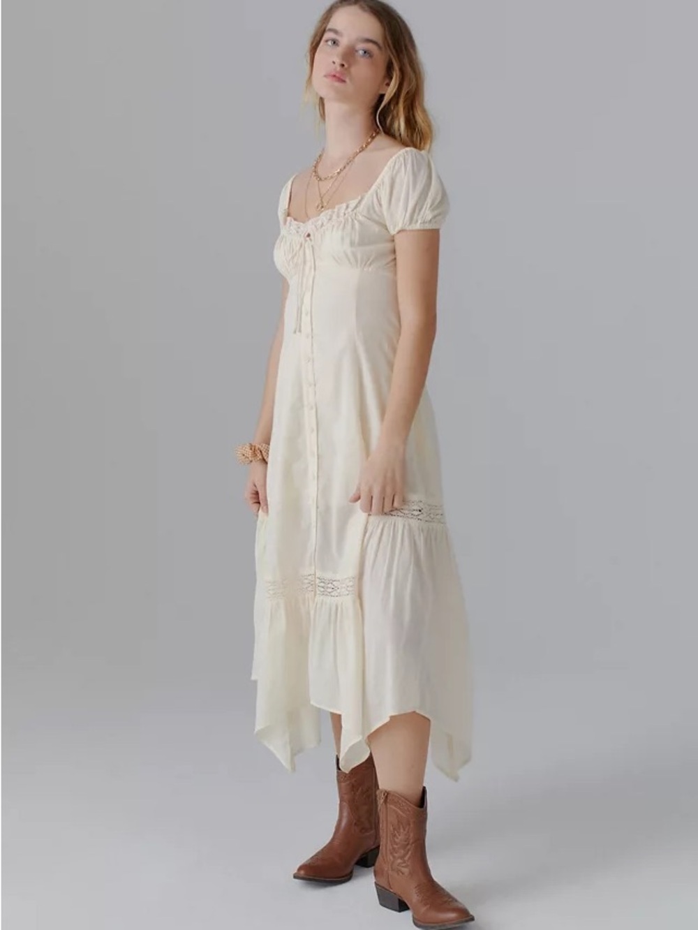 Urban Outfitters UO Carmen Ruched Midi Dress Cream Puff Sleeve Cotton S